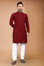 Neera Trendz Maroon Rayon Schiffli Work Men's Kurta With Pyjama