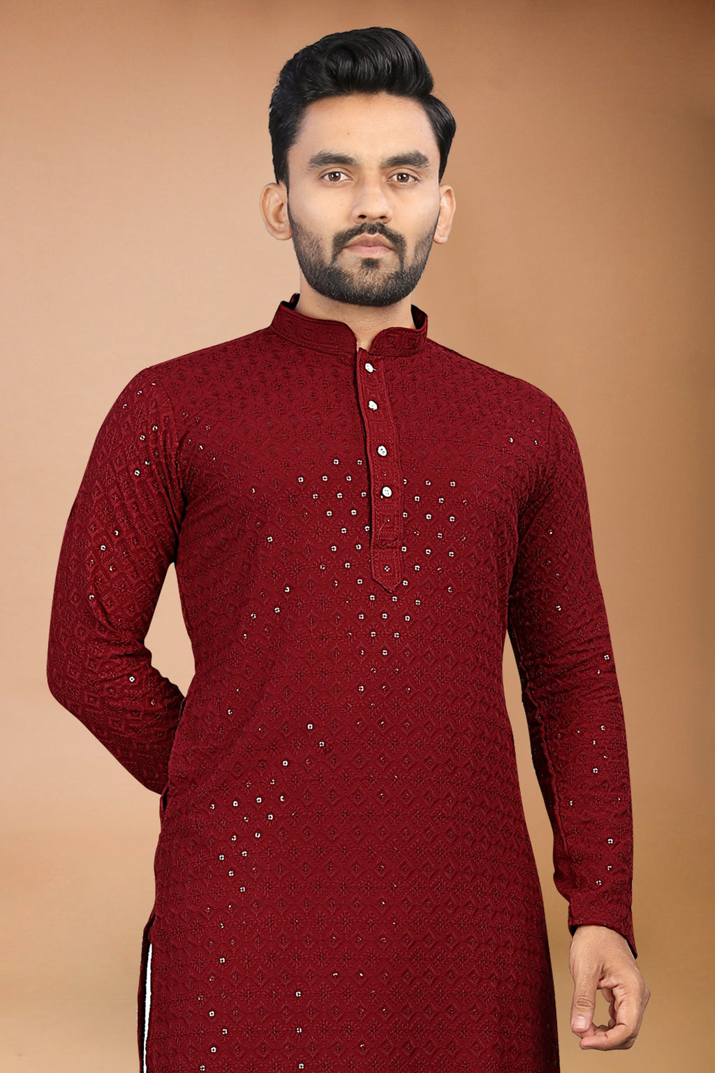 Neera Trendz Maroon Rayon Schiffli Work Men's Kurta With Pyjama
