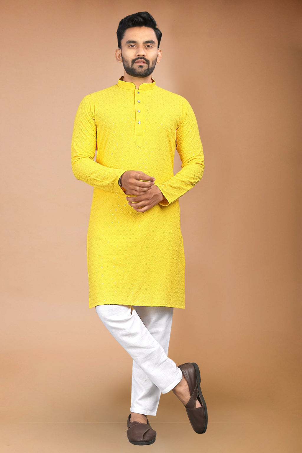 Neera Trendz Yellow Rayon Schiffli Work Men's Kurta With Pyjama