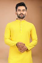 Neera Trendz Yellow Rayon Schiffli Work Men's Kurta With Pyjama