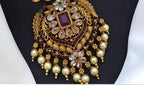 Jewel City Antique-Finish Temple Jewelry Set - Traditional South Indian Gold-Plated Necklace and Earrings with Pearl Drops - Distacart