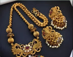 Jewel City Antique-Finish Temple Jewelry Set - Traditional South Indian Gold-Plated Necklace and Earrings with Pearl Drops - Distacart