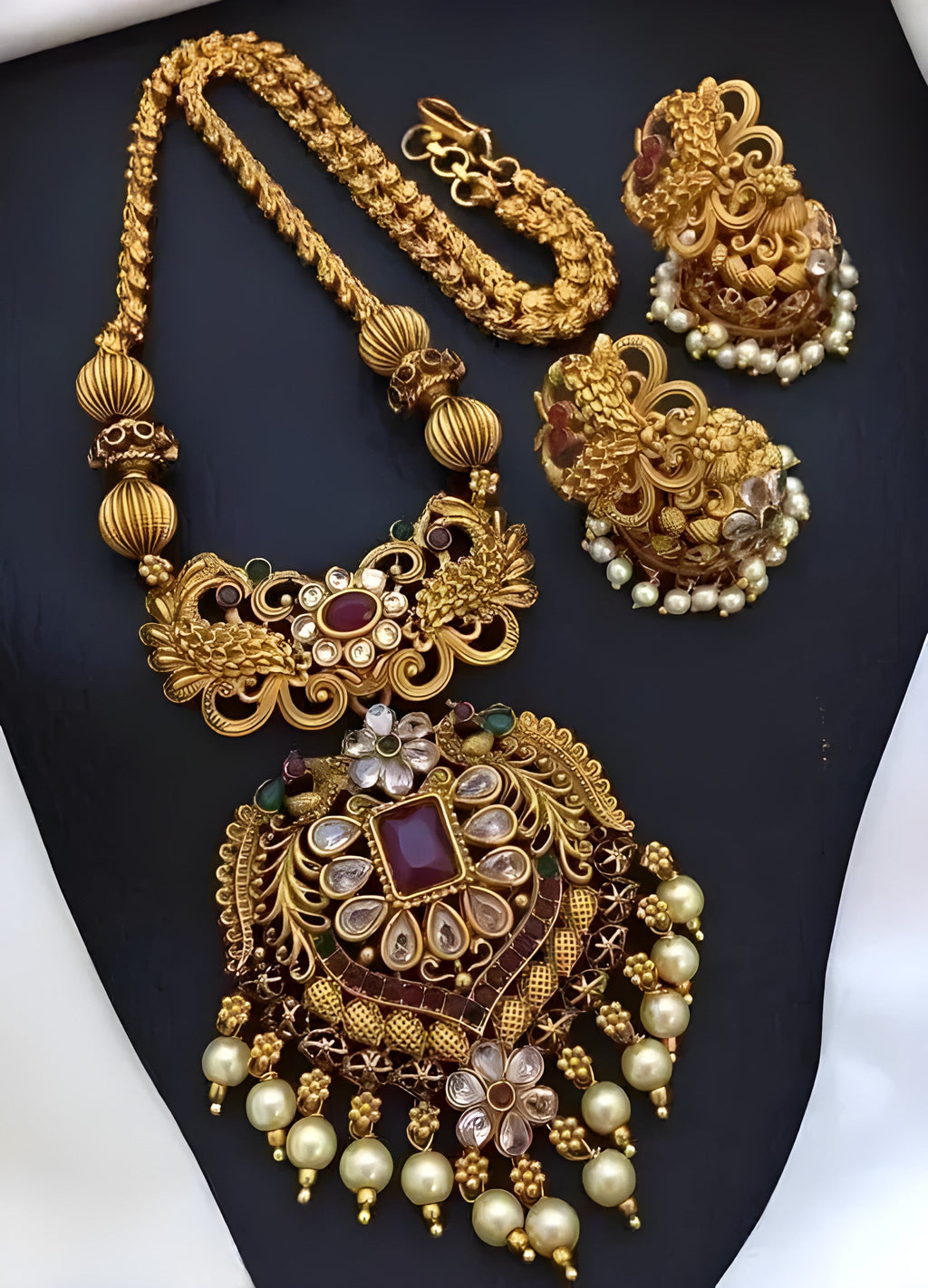 Jewel City Antique-Finish Temple Jewelry Set - Traditional South Indian Gold-Plated Necklace and Earrings with Pearl Drops - Distacart