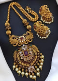 Jewel City Antique-Finish Temple Jewelry Set - Traditional South Indian Gold-Plated Necklace and Earrings with Pearl Drops - Distacart