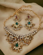Jewel City Elegant Kundan Choker Set - Gold-Plated Pearl Drop Necklace with Green & Ruby Stones and Matching Earrings