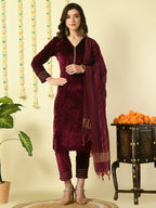 Myshka Women's Magenta Velvet Kurta & Trousers With Dupatta Party Sets