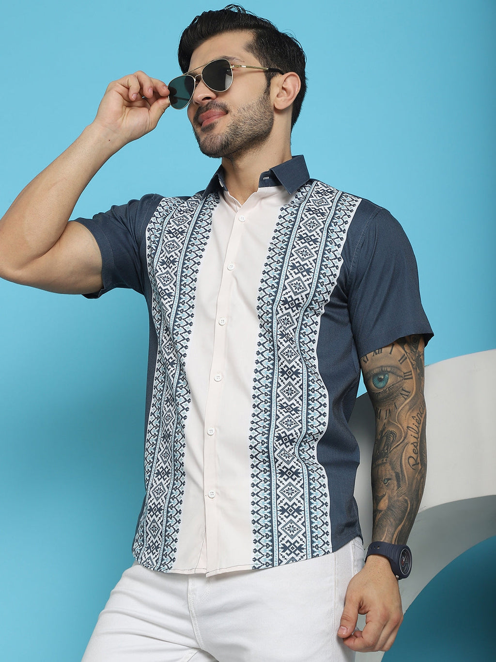 Indian Needle Men's Printed Half Sleeve Lycra Shirt - Charcoal