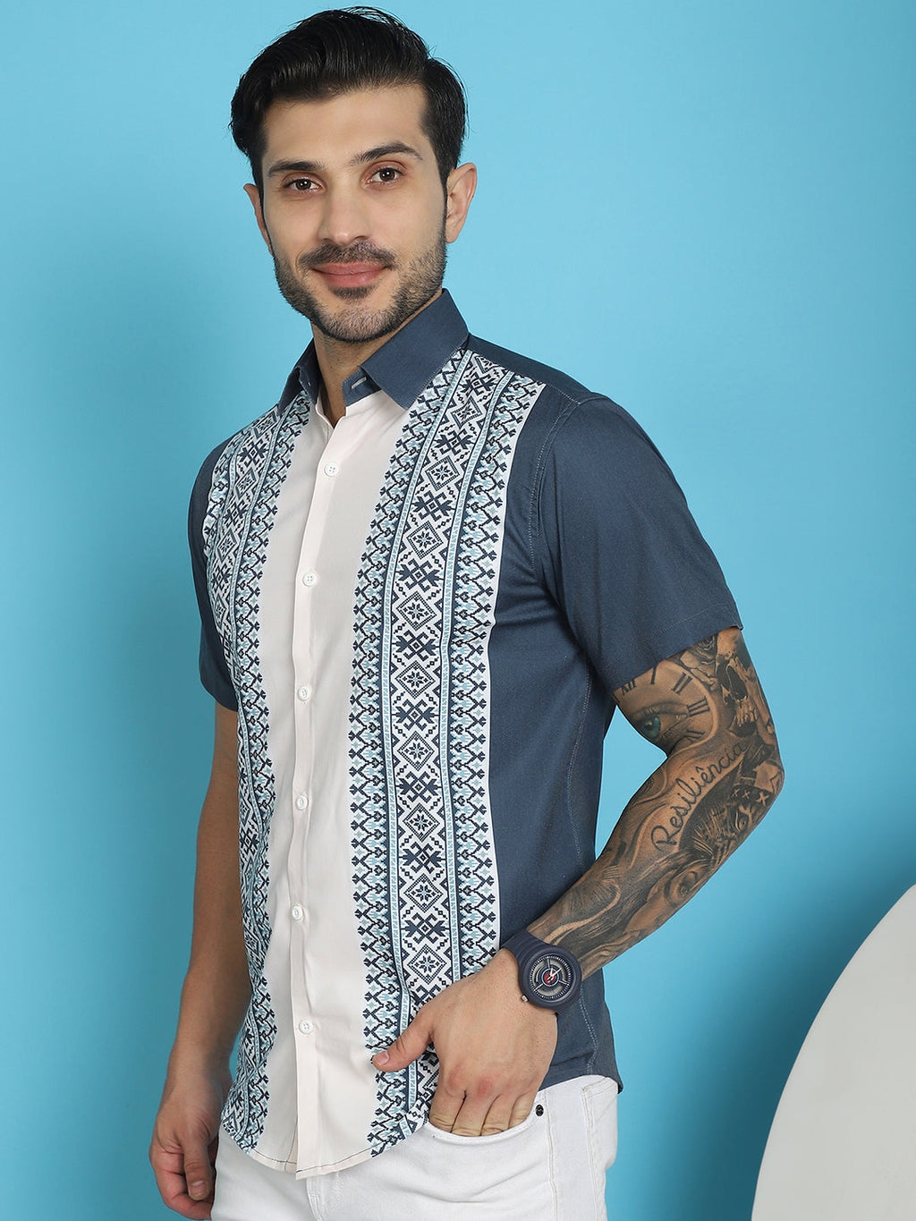 Indian Needle Men's Printed Half Sleeve Lycra Shirt - Charcoal