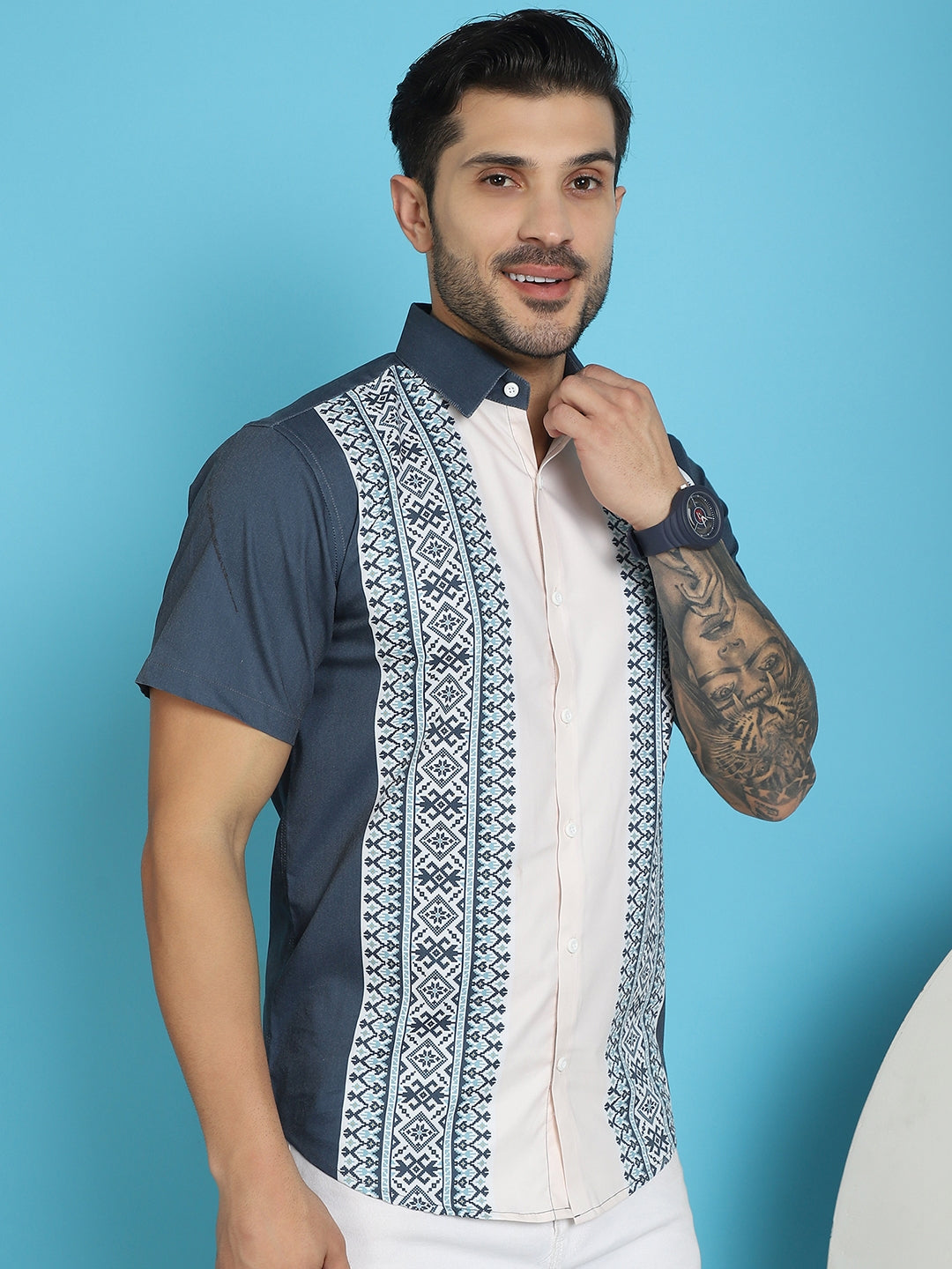 Indian Needle Men's Printed Half Sleeve Lycra Shirt - Charcoal