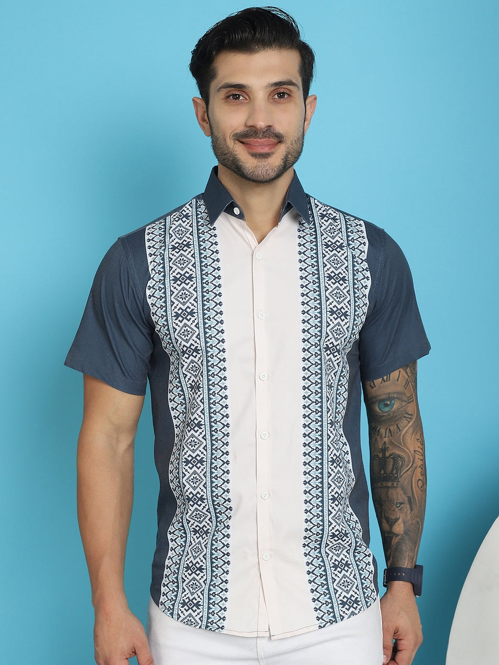Indian Needle Men's Printed Half Sleeve Lycra Shirt - Charcoal