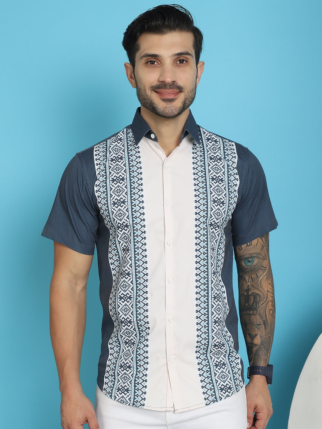 Indian Needle Men's Printed Half Sleeve Lycra Shirt - Charcoal