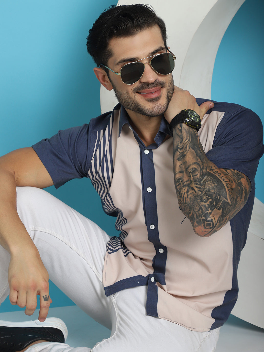 Indian Needle Men's Printed Half Sleeve Lycra Shirt - Cream