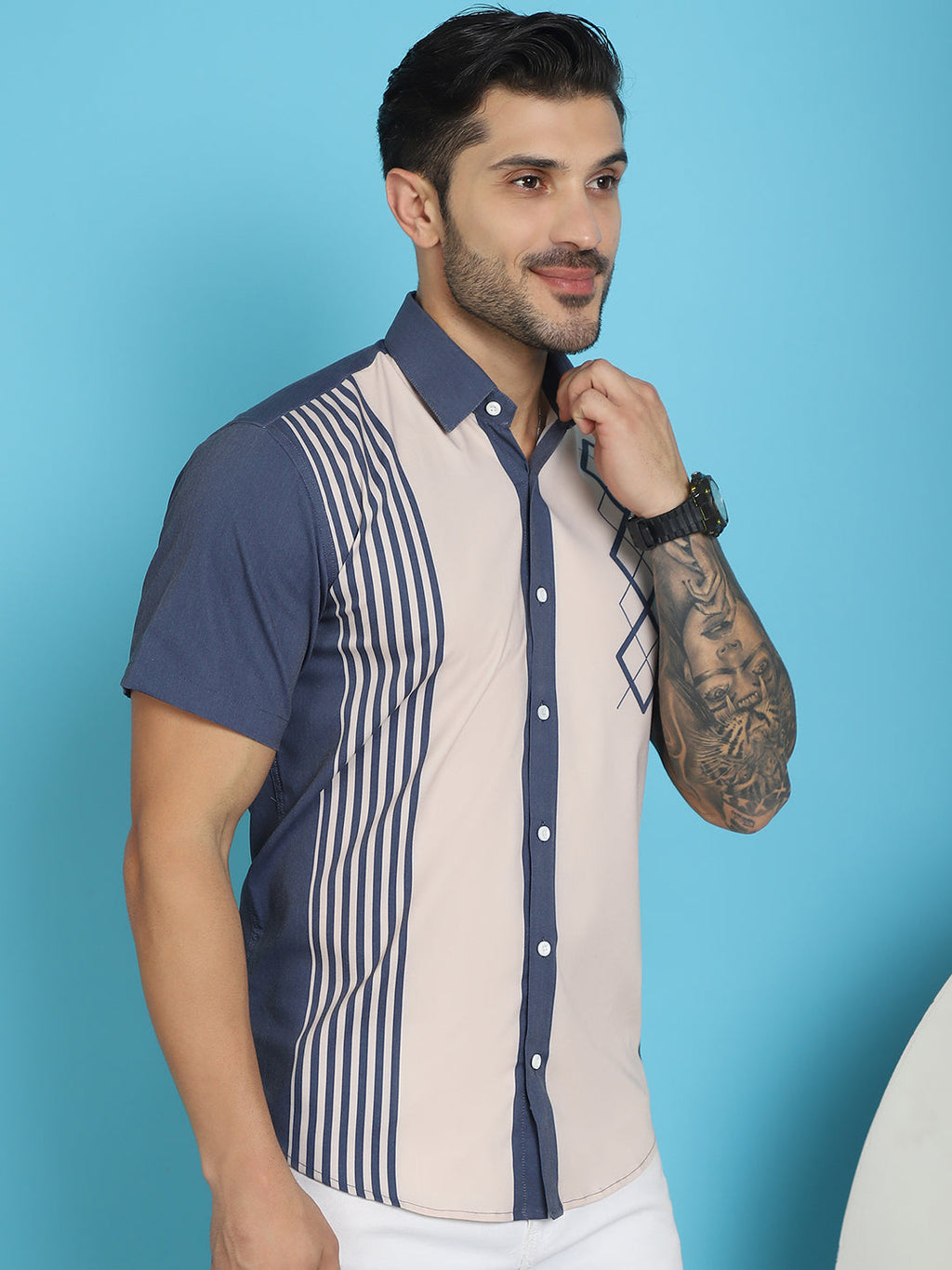 Indian Needle Men's Printed Half Sleeve Lycra Shirt - Cream