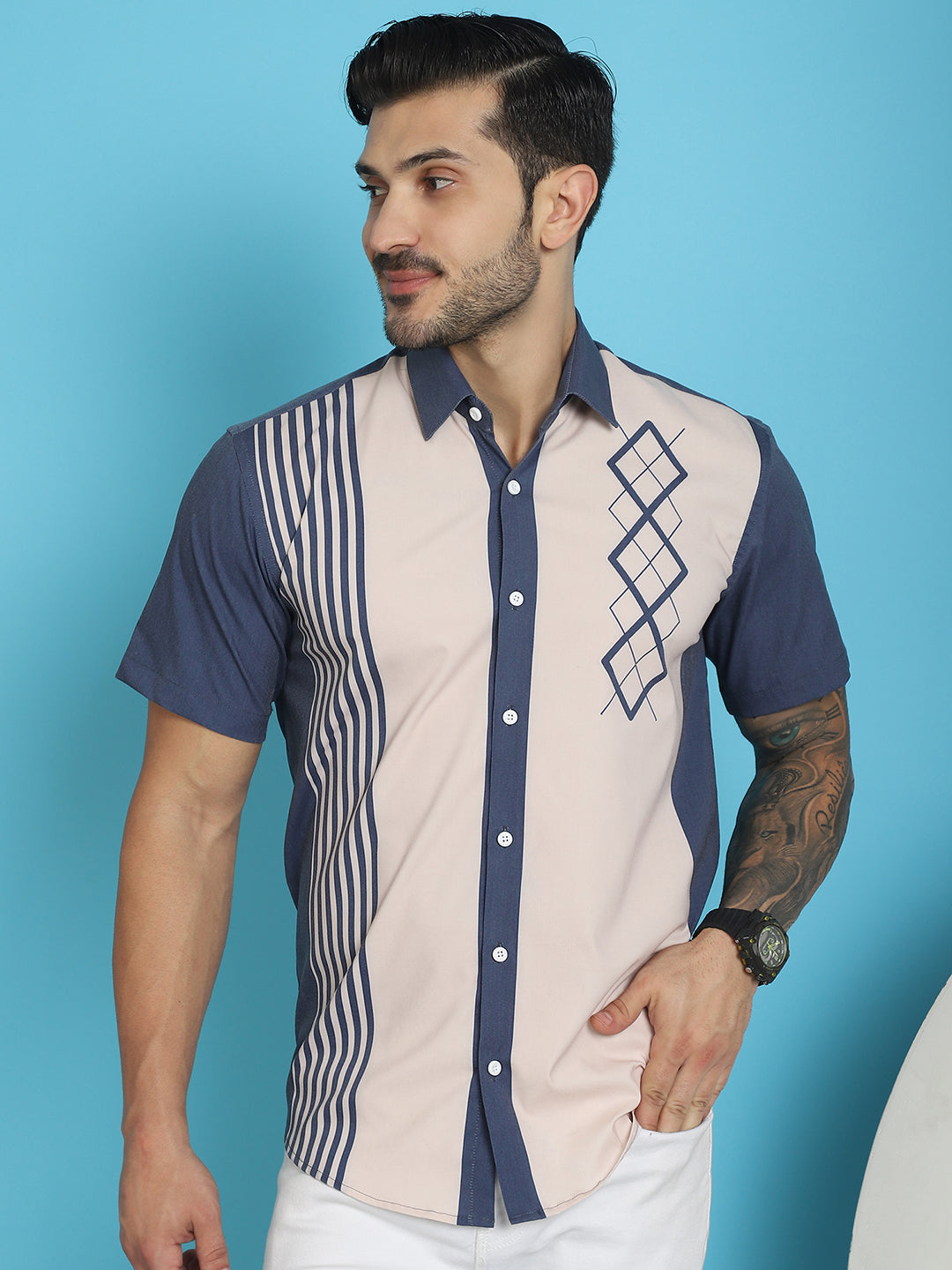 Indian Needle Men's Printed Half Sleeve Lycra Shirt - Cream