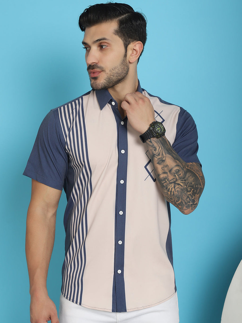 Indian Needle Men's Printed Half Sleeve Lycra Shirt - Cream