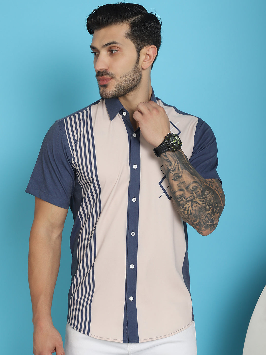 Indian Needle Men's Printed Half Sleeve Lycra Shirt - Cream