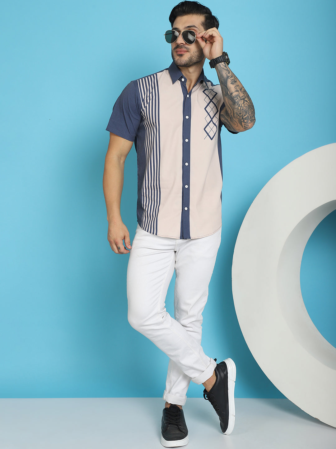 Indian Needle Men's Printed Half Sleeve Lycra Shirt - Cream