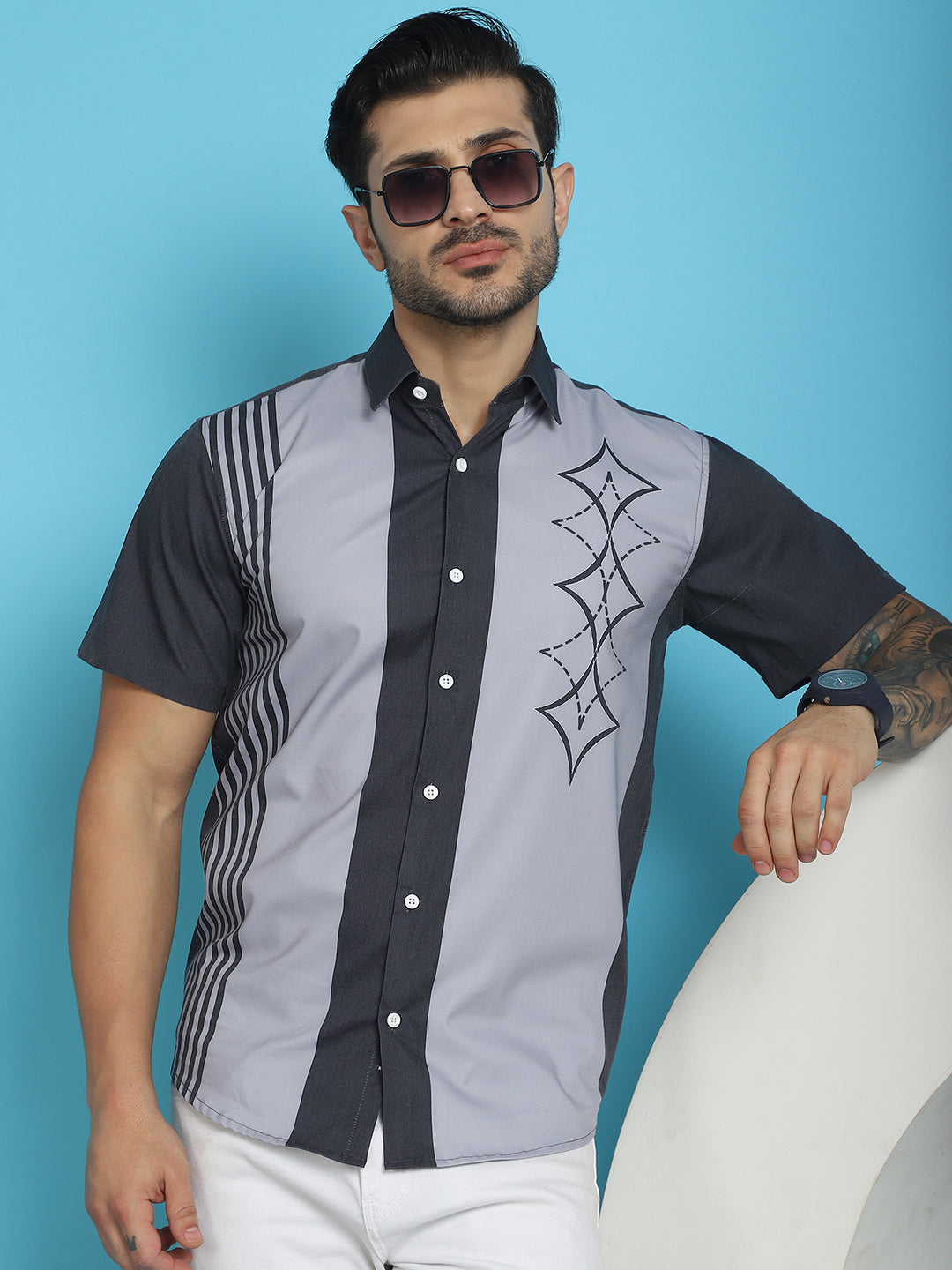 Indian Needle Men's Printed Half Sleeve Lycra Shirt - Grey