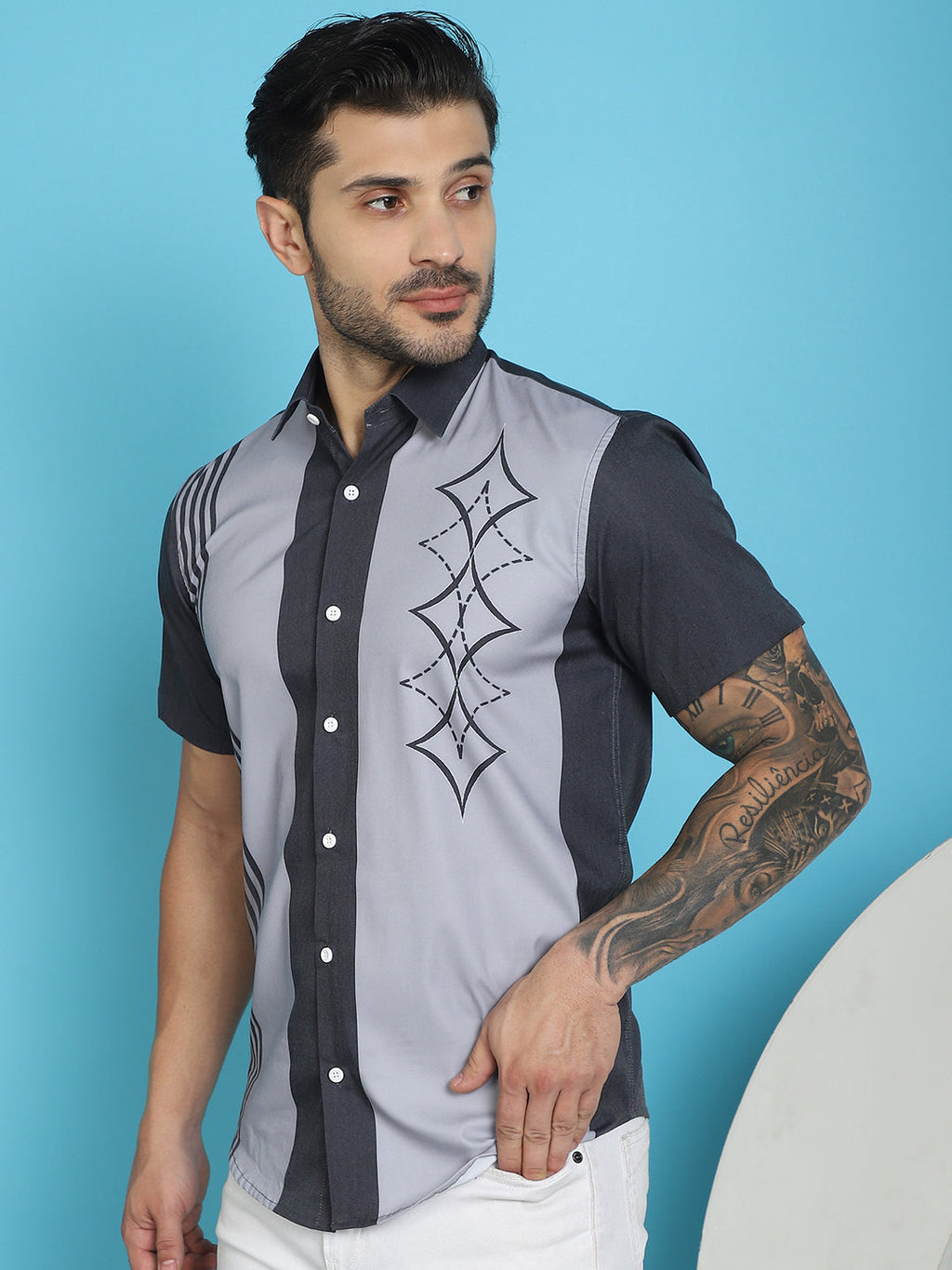 Indian Needle Men's Printed Half Sleeve Lycra Shirt - Grey