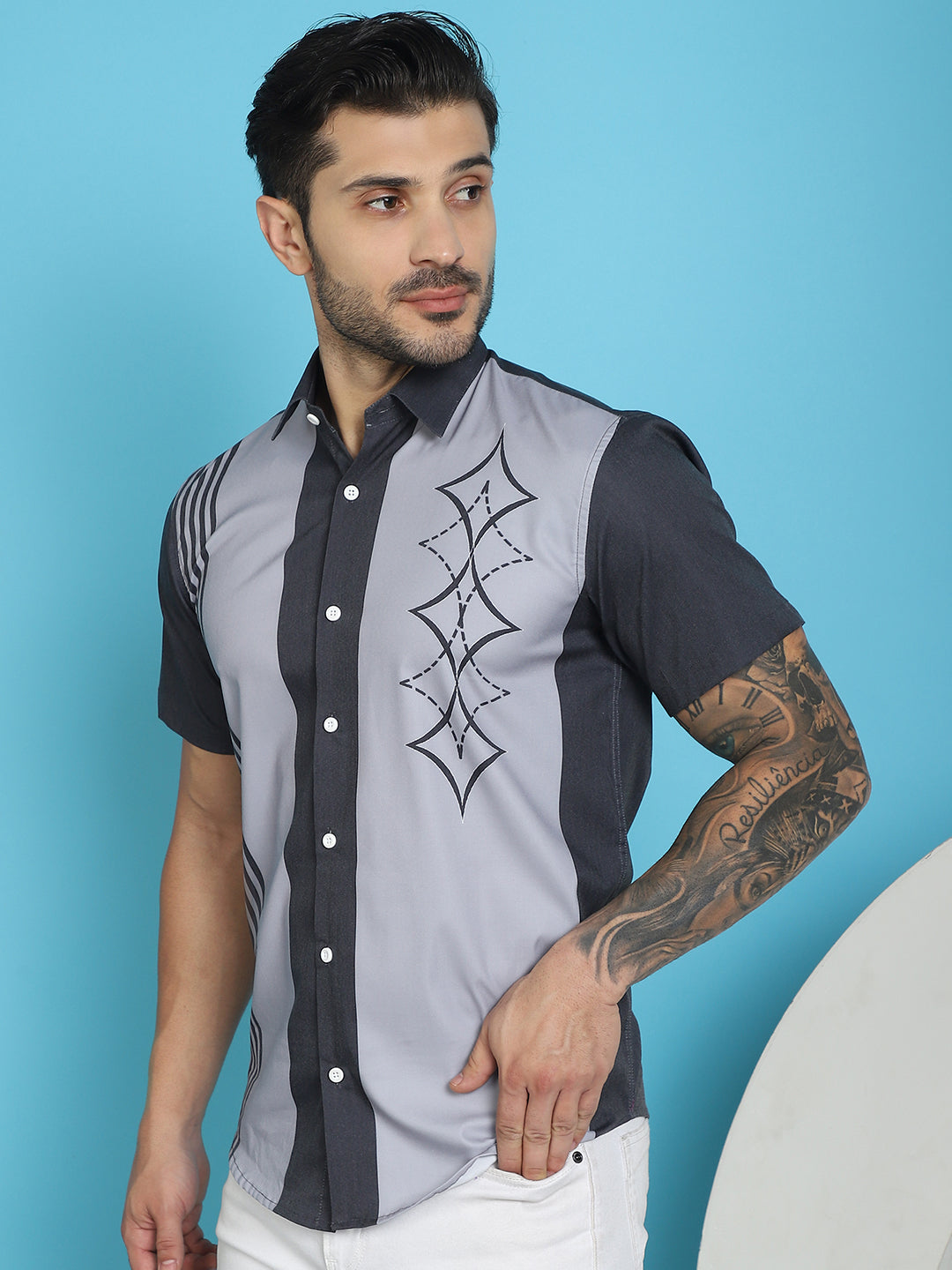 Indian Needle Men's Printed Half Sleeve Lycra Shirt - Grey