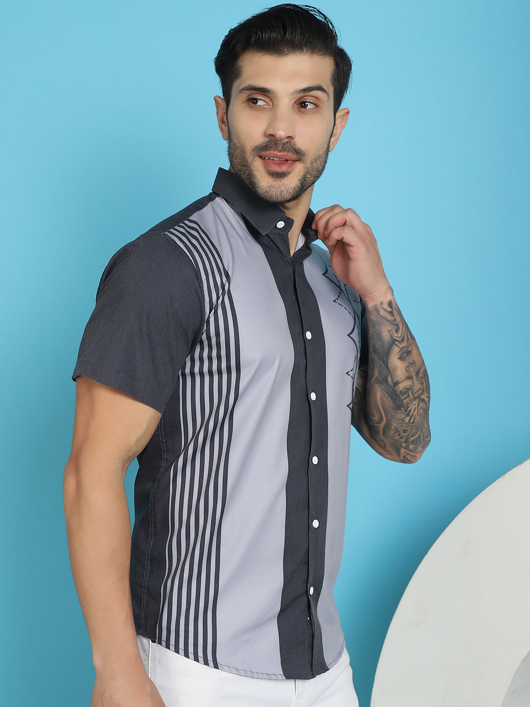 Indian Needle Men's Printed Half Sleeve Lycra Shirt - Grey