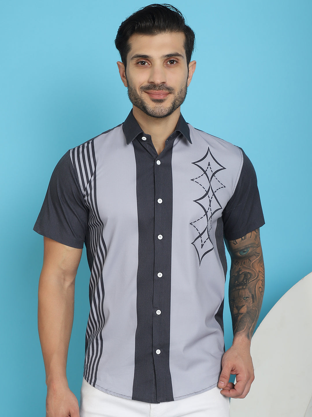 Indian Needle Men's Printed Half Sleeve Lycra Shirt - Grey