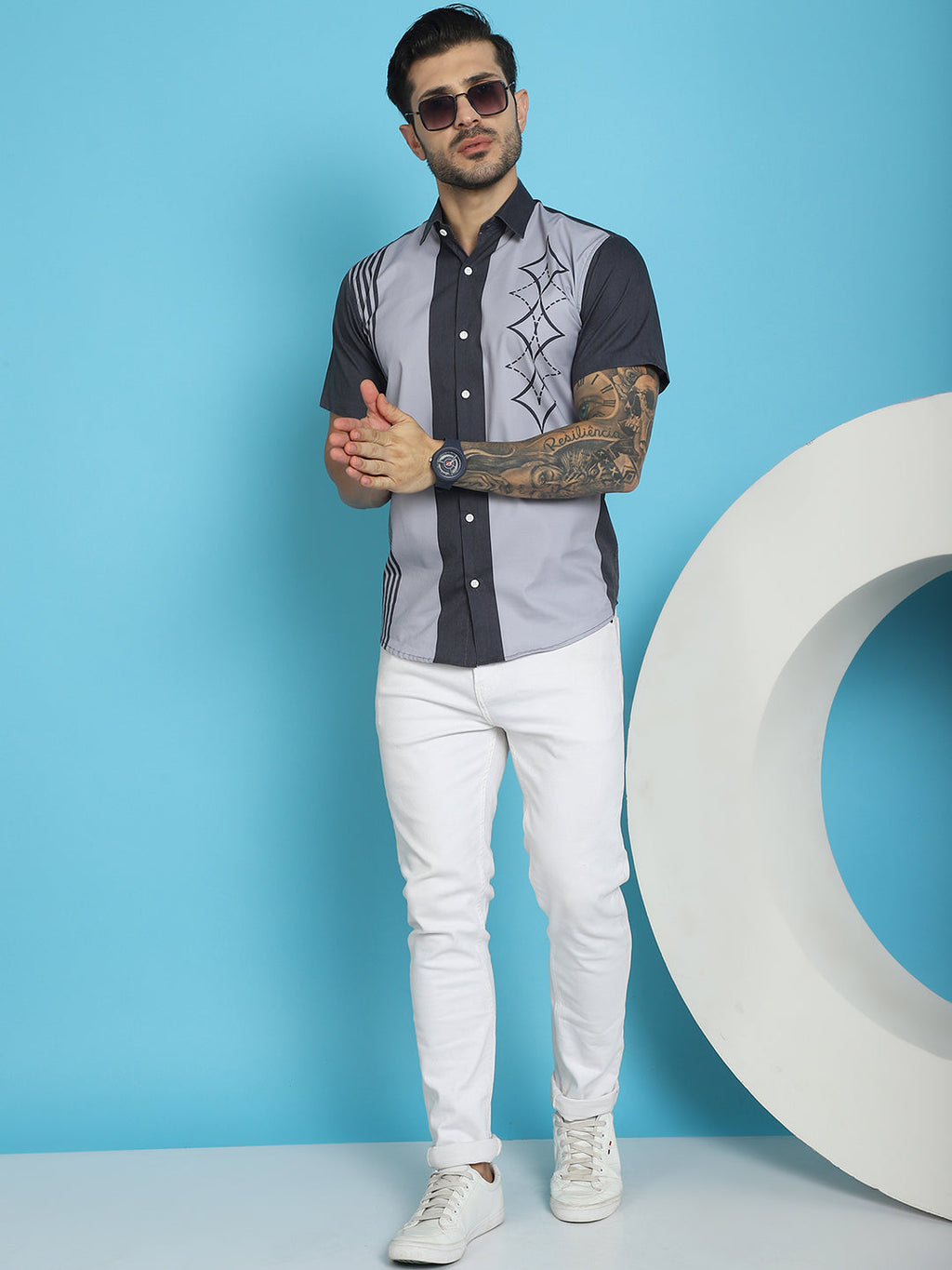 Indian Needle Men's Printed Half Sleeve Lycra Shirt - Grey