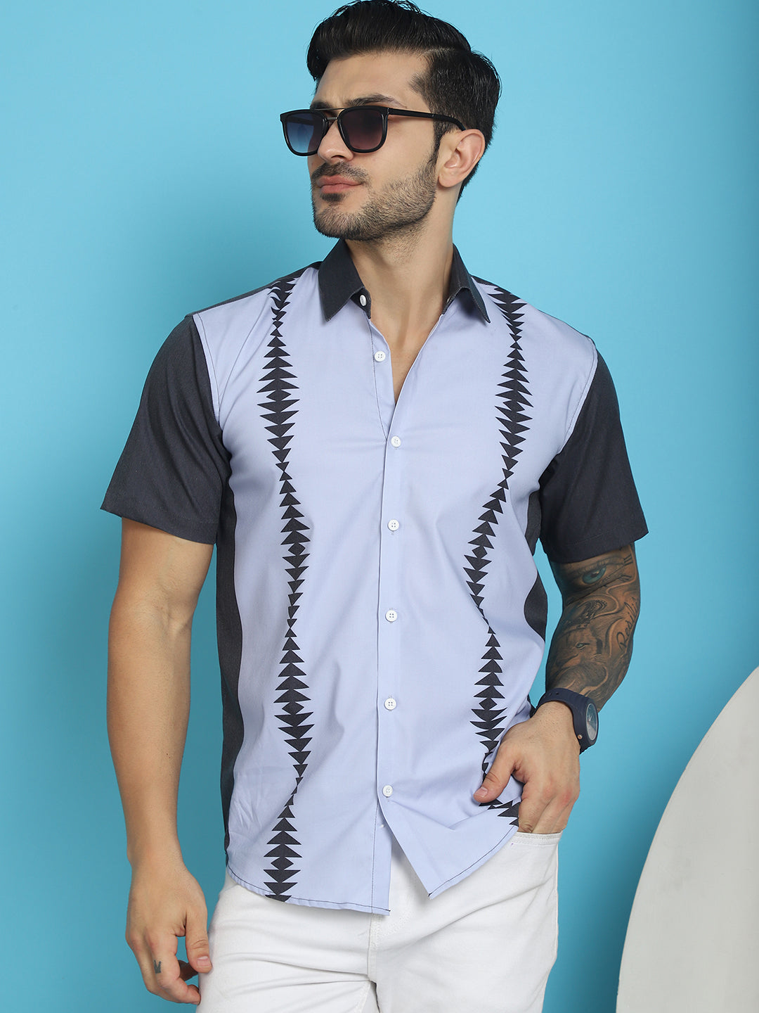 Indian Needle Men's Printed Half Sleeve Lycra Shirt - Sky Blue