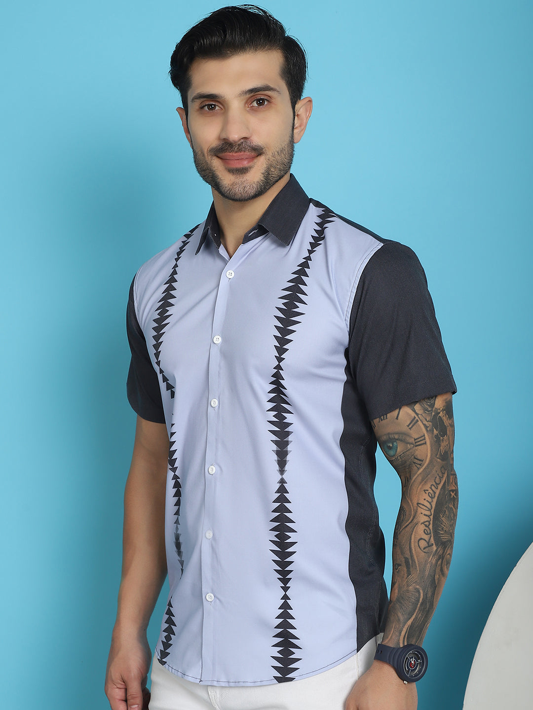 Indian Needle Men's Printed Half Sleeve Lycra Shirt - Sky Blue