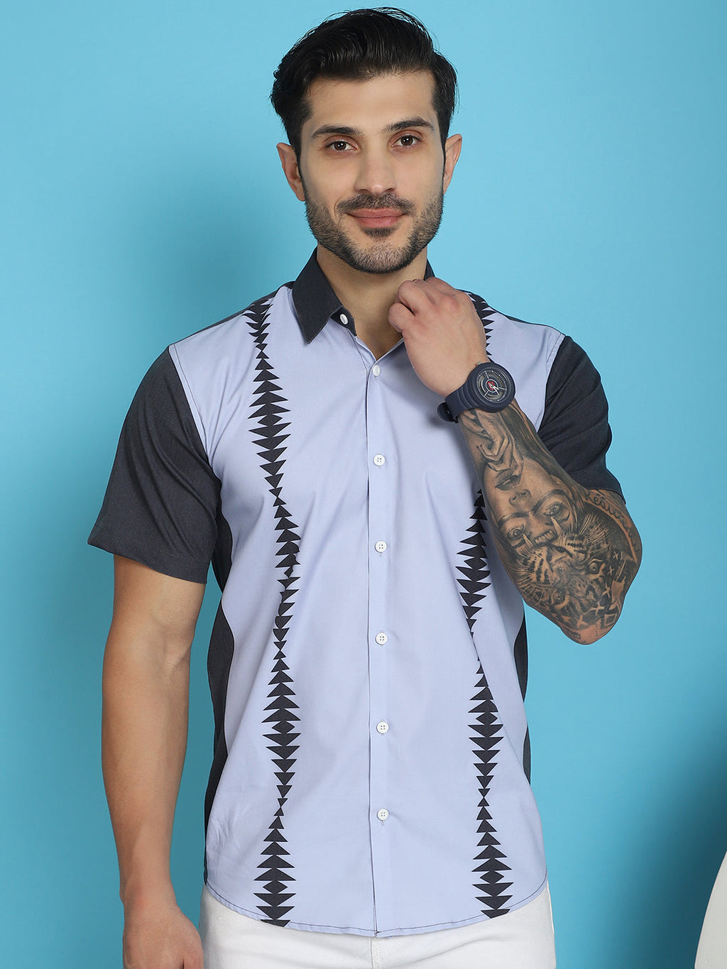 Indian Needle Men's Printed Half Sleeve Lycra Shirt - Sky Blue