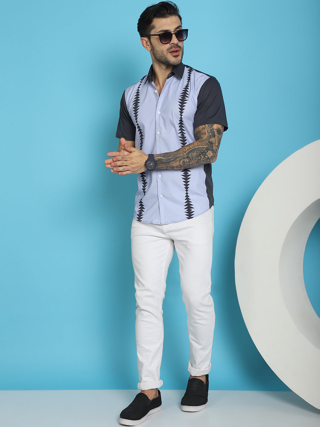 Indian Needle Men's Printed Half Sleeve Lycra Shirt - Sky Blue