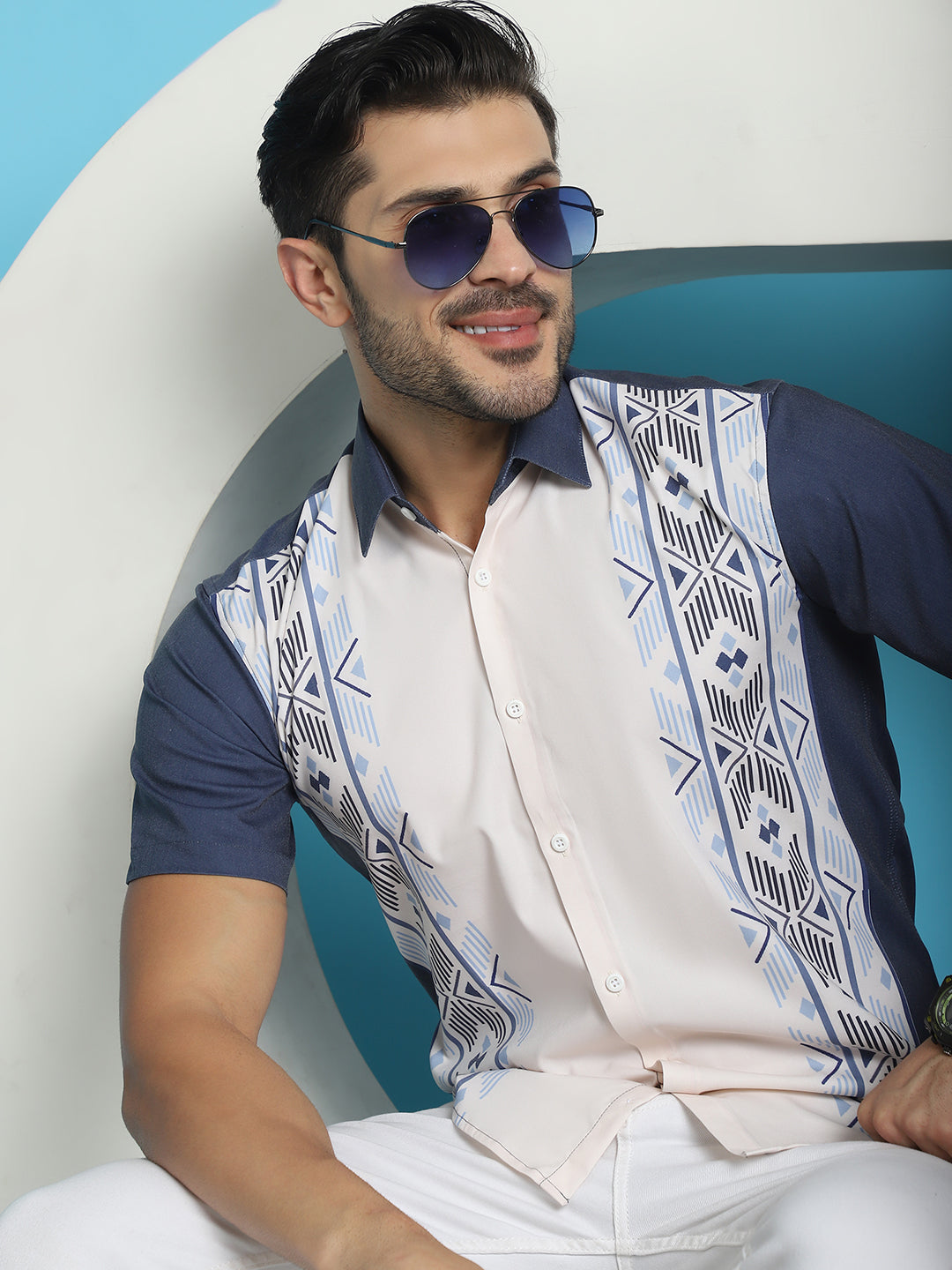 Indian Needle Men's Printed Half Sleeve Lycra Shirt - White