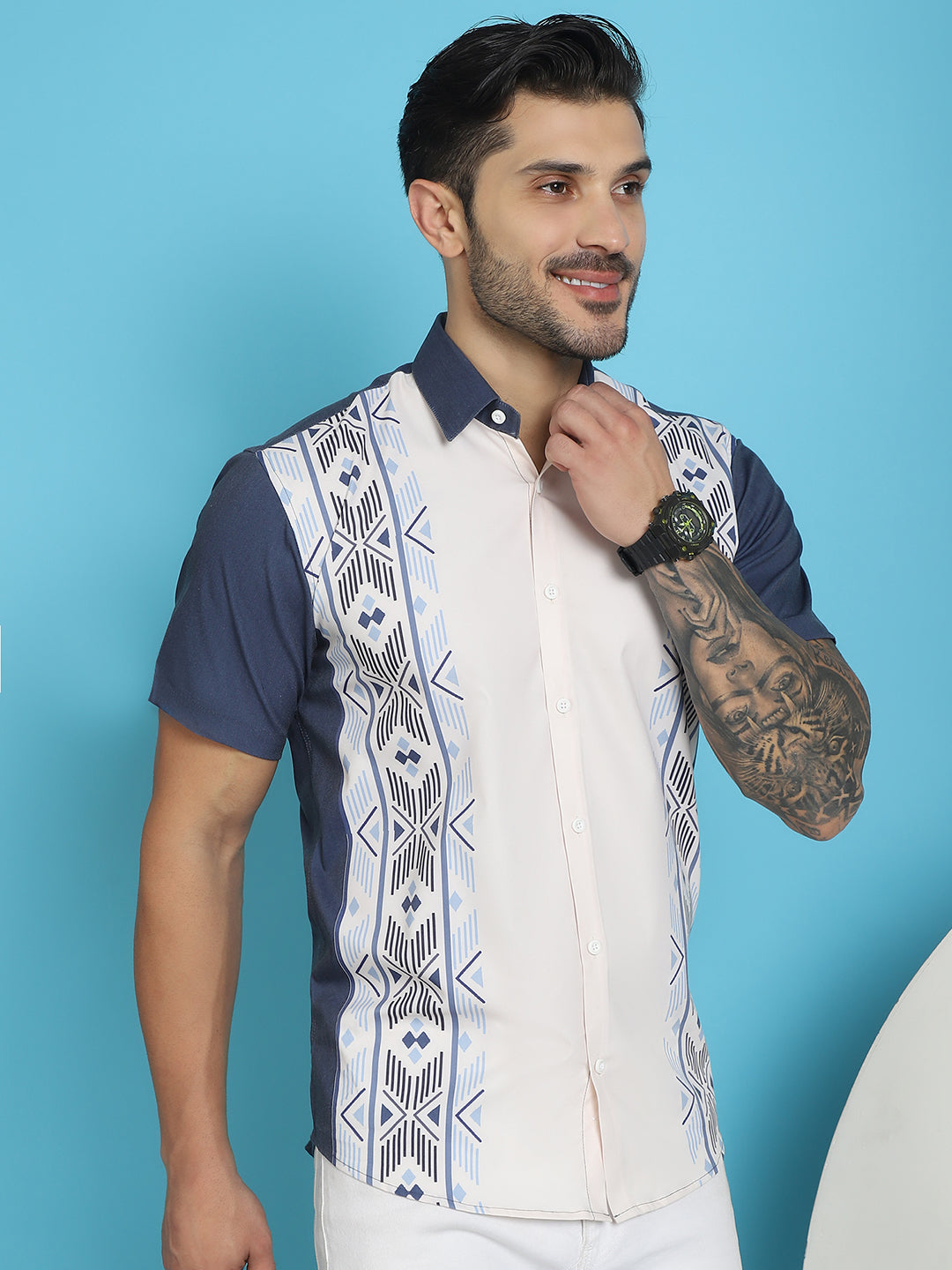 Indian Needle Men's Printed Half Sleeve Lycra Shirt - White