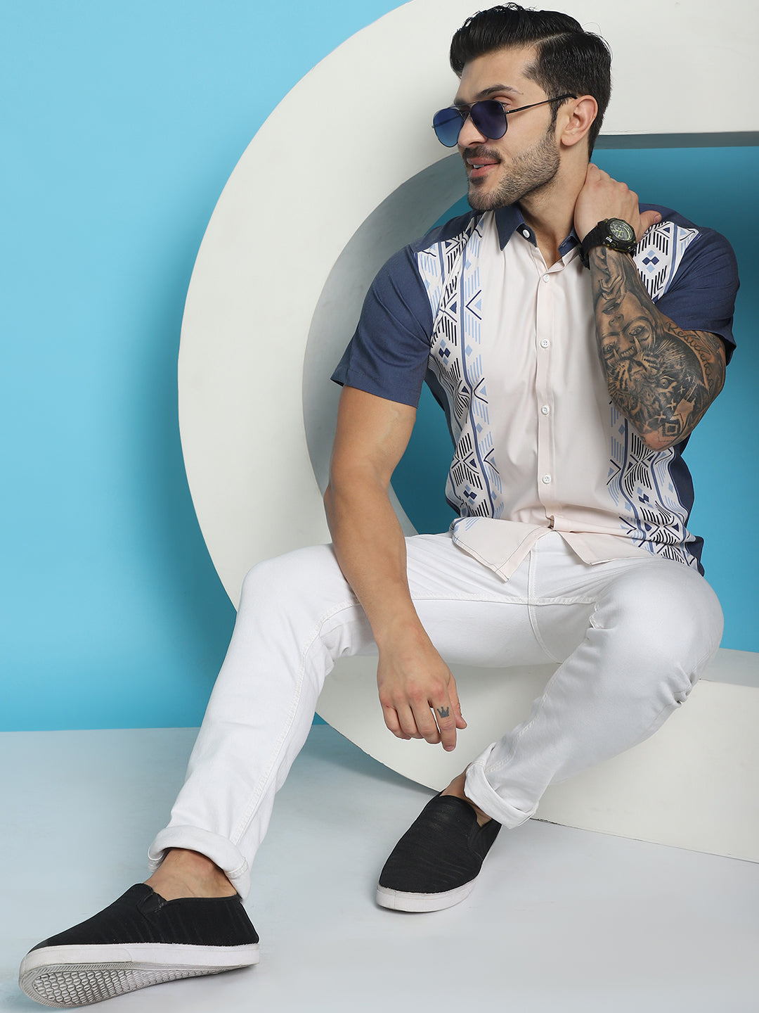 Indian Needle Men's Printed Half Sleeve Lycra Shirt - White