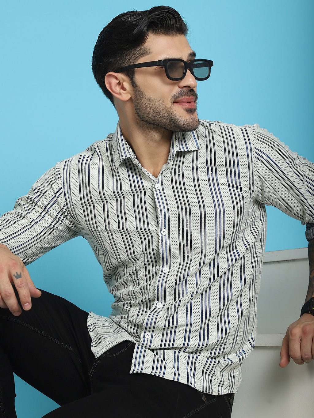Indian Needle Men's Woven Design Cotton Shirt - Blue
