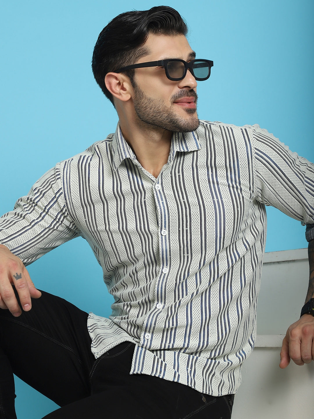 Indian Needle Men's Woven Design Cotton Shirt - Blue