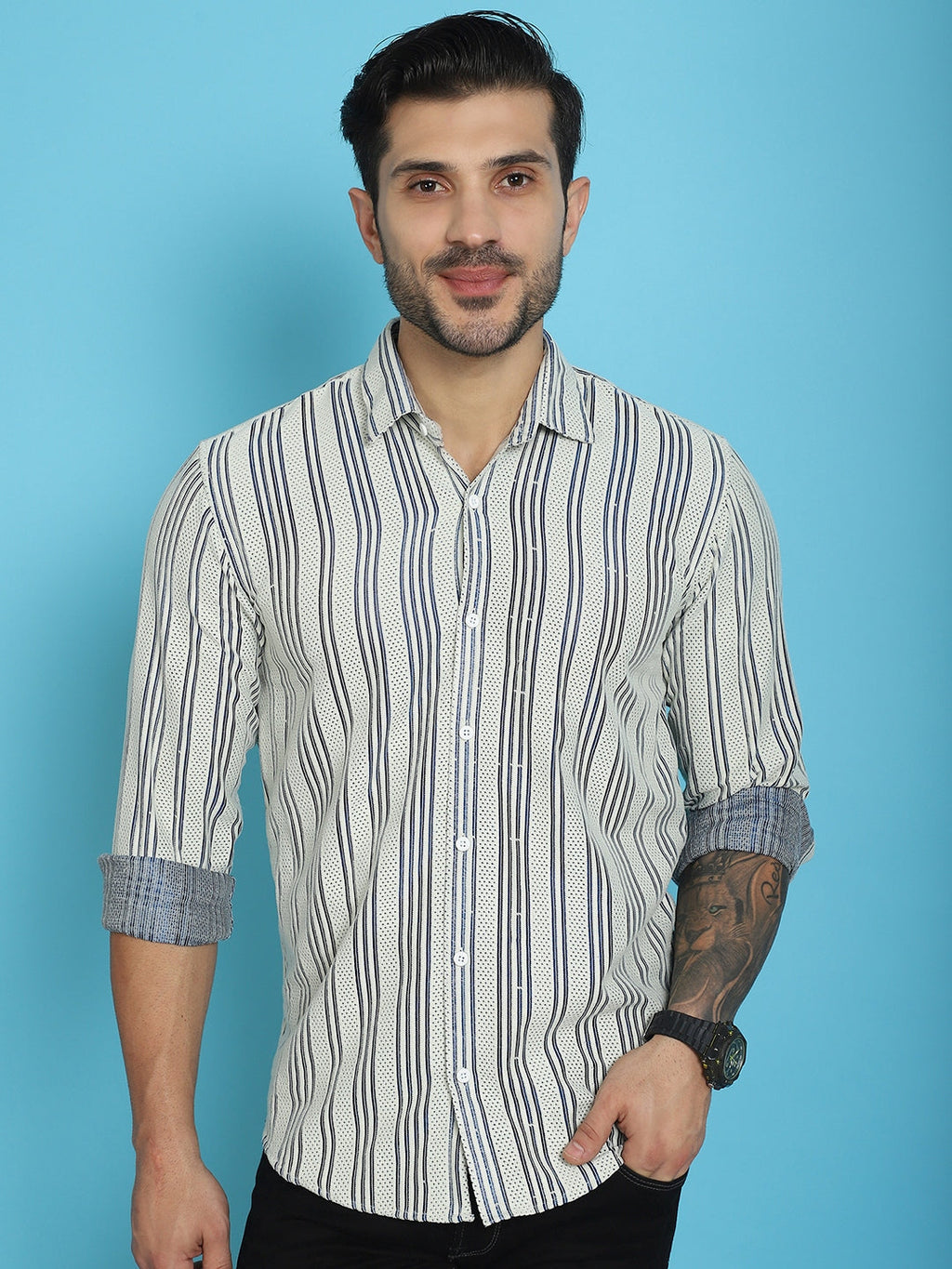 Indian Needle Men's Woven Design Cotton Shirt - Blue