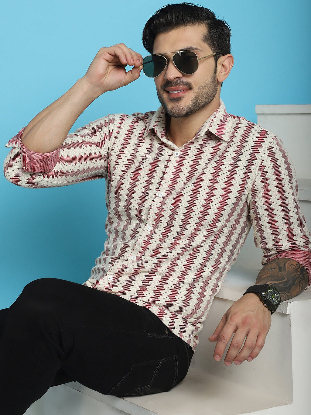 Indian Needle Men's Woven Design Cotton Shirt - Maroon