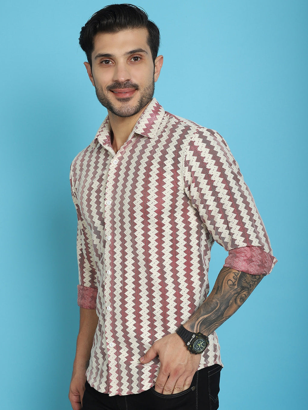 Indian Needle Men's Woven Design Cotton Shirt - Maroon