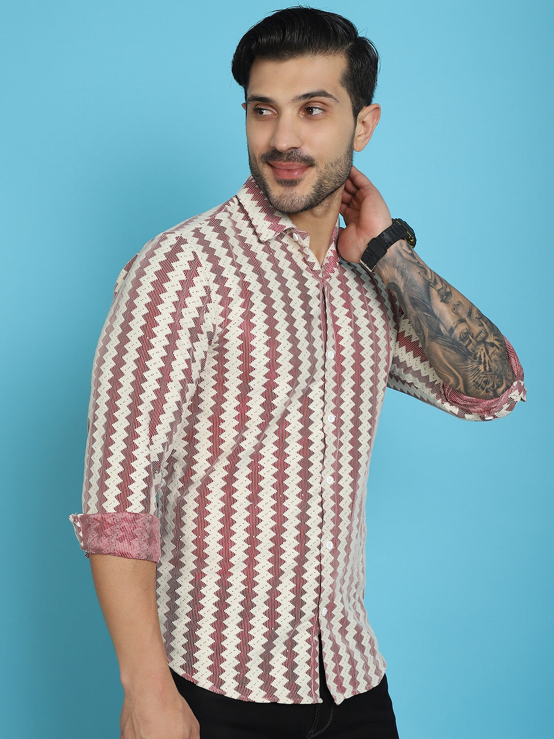 Indian Needle Men's Woven Design Cotton Shirt - Maroon