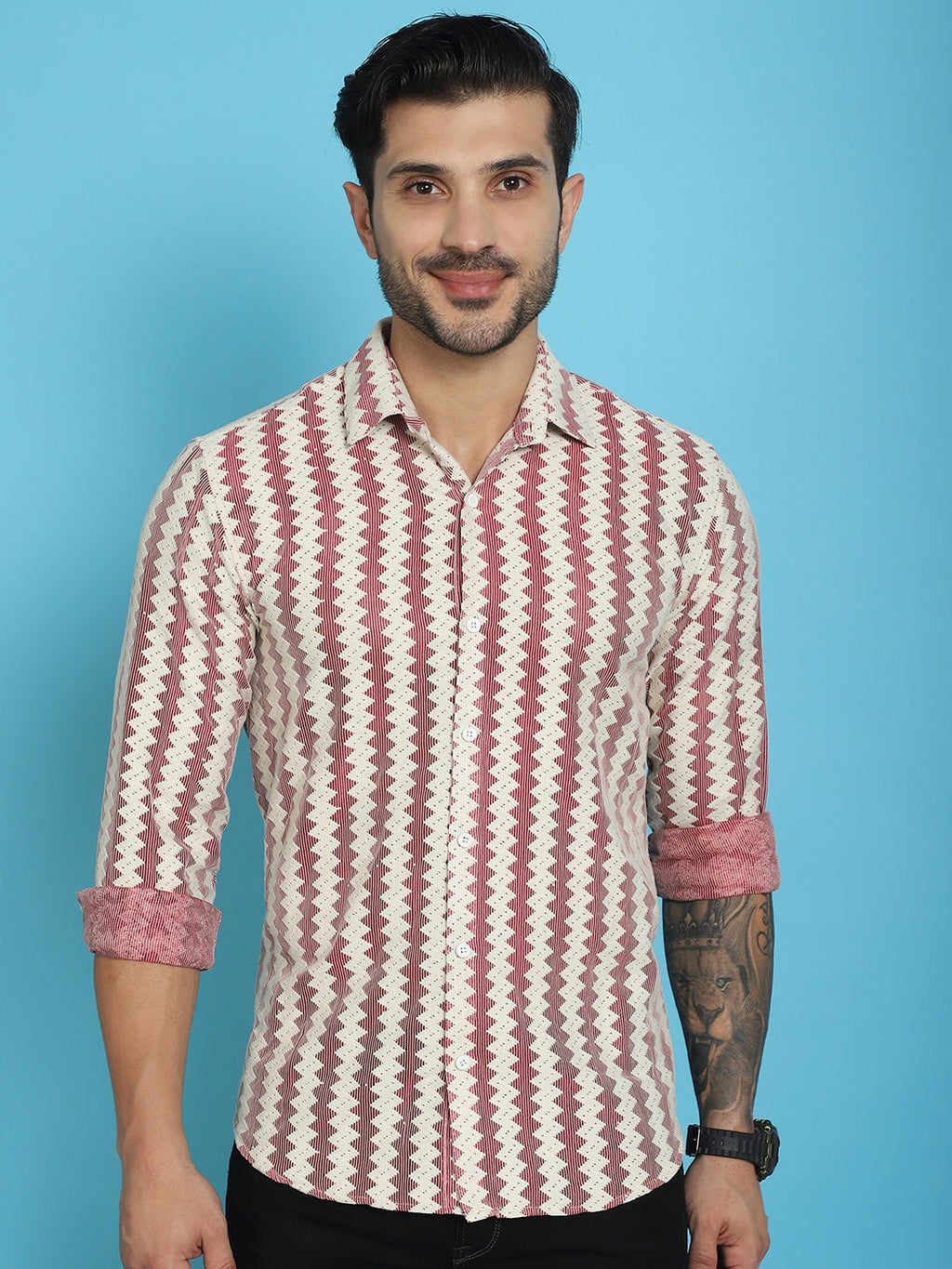 Indian Needle Men's Woven Design Cotton Shirt - Maroon