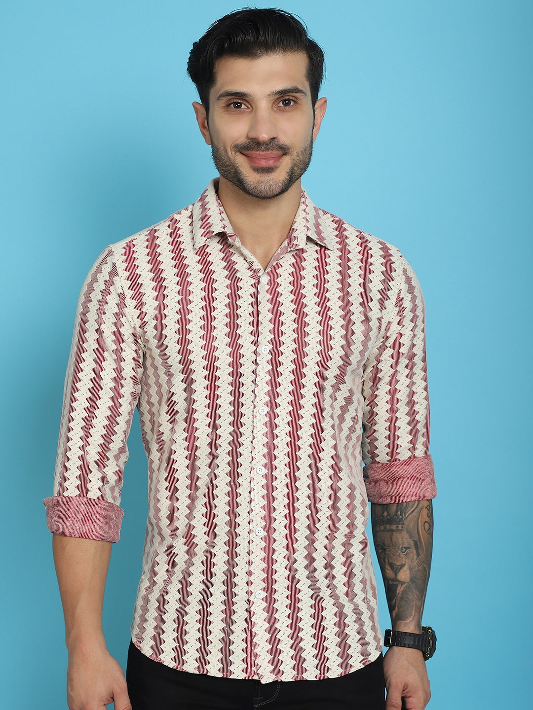 Indian Needle Men's Woven Design Cotton Shirt - Maroon