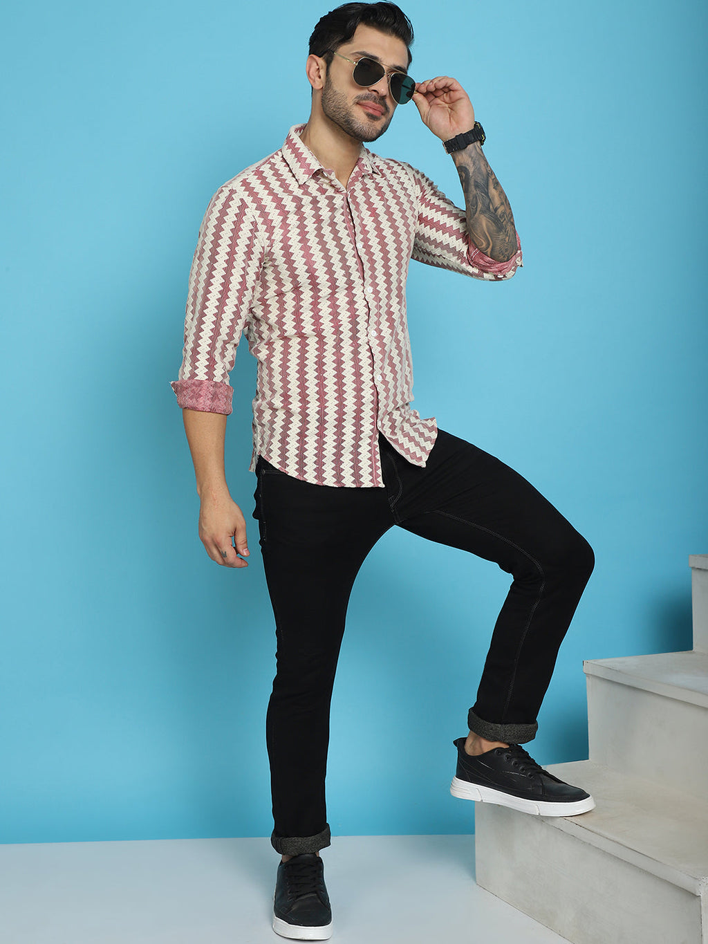 Indian Needle Men's Woven Design Cotton Shirt - Maroon