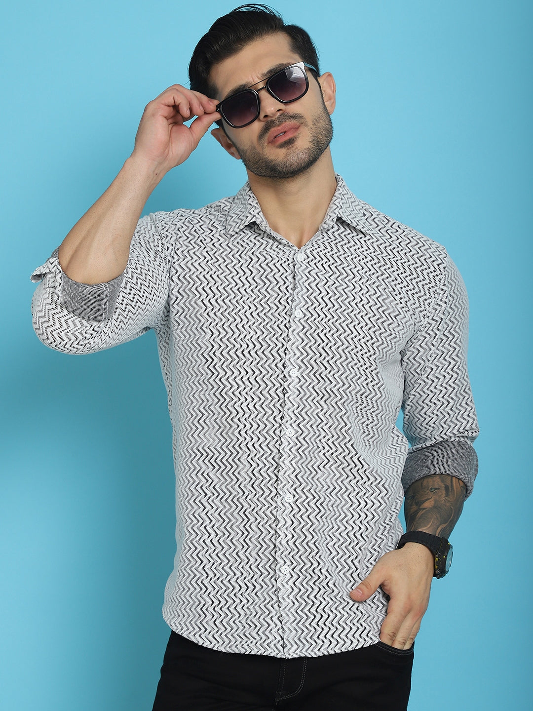Indian Needle Men's Woven Design Cotton Shirt - White
