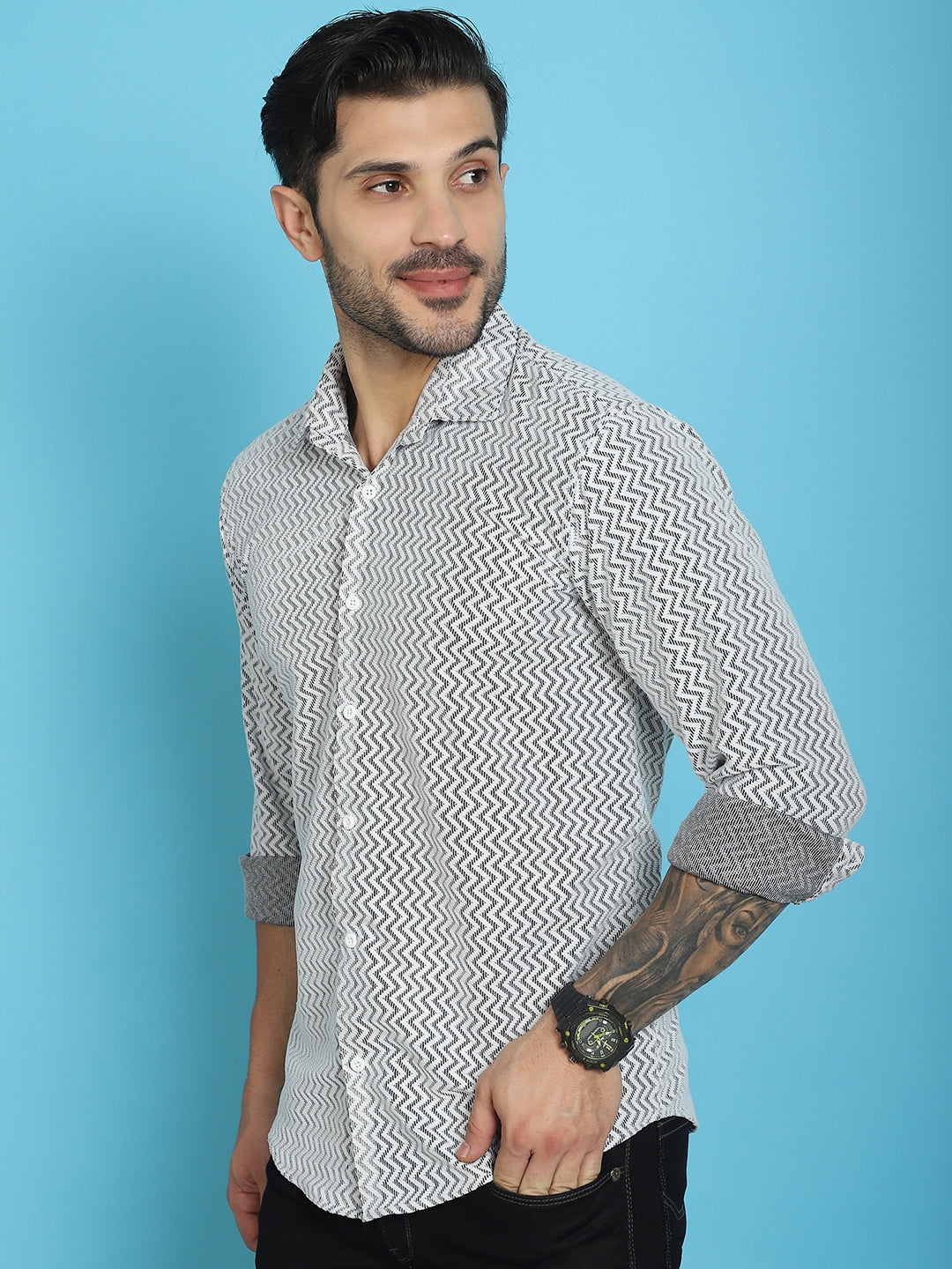 Indian Needle Men's Woven Design Cotton Shirt - White