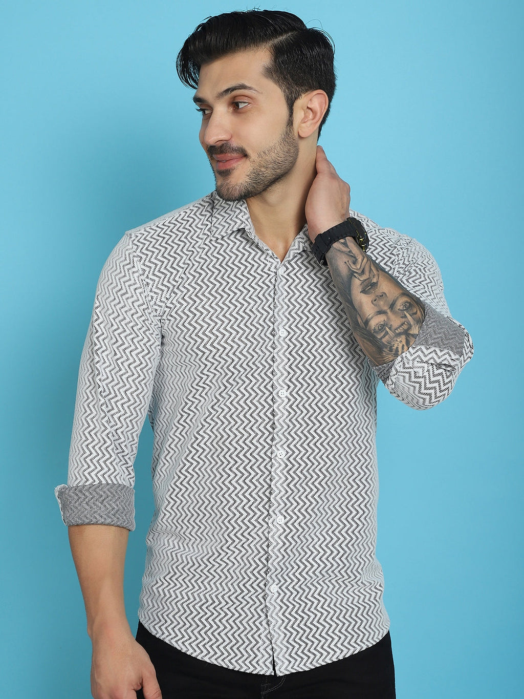 Indian Needle Men's Woven Design Cotton Shirt - White