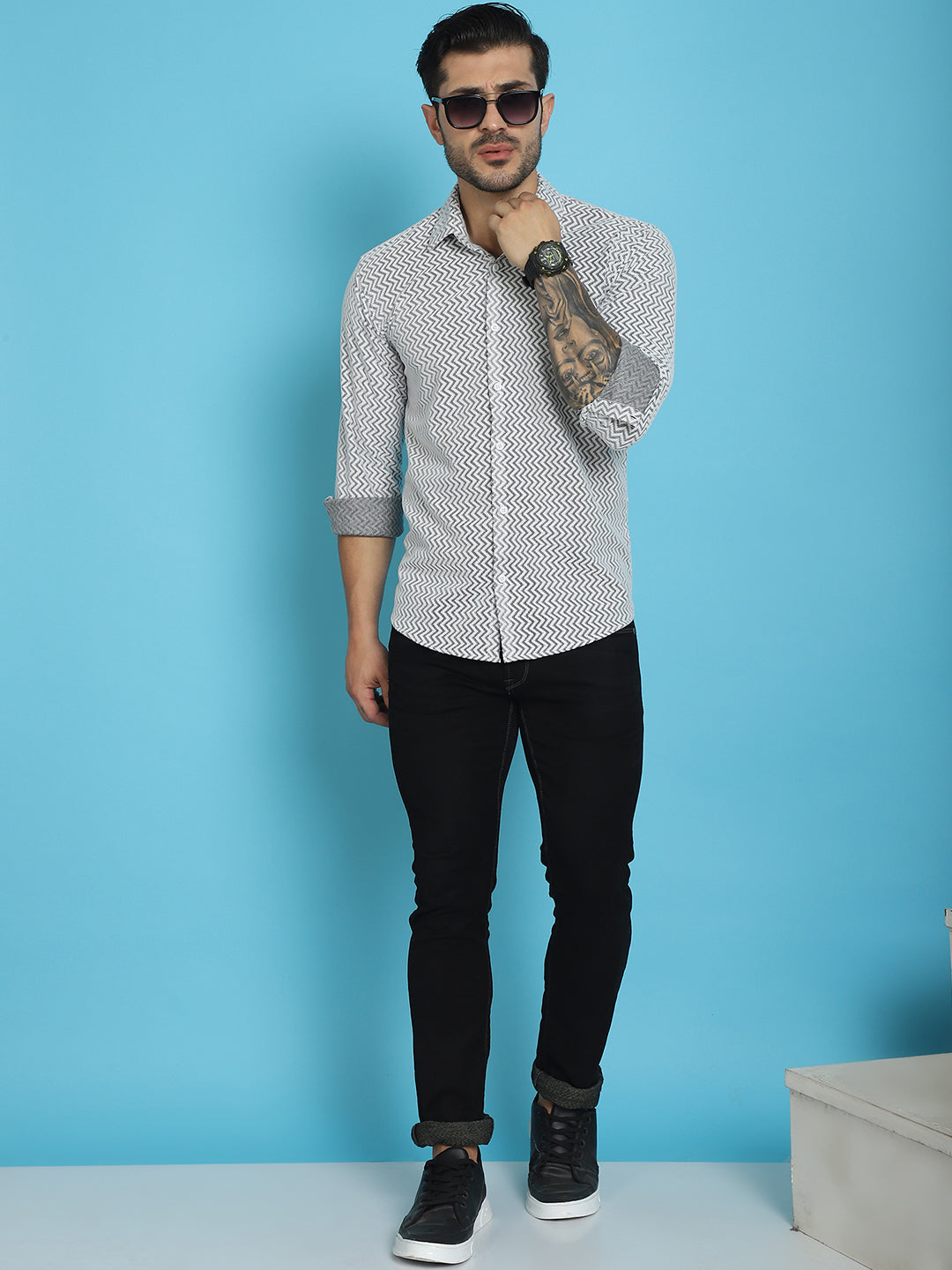Indian Needle Men's Woven Design Cotton Shirt - White