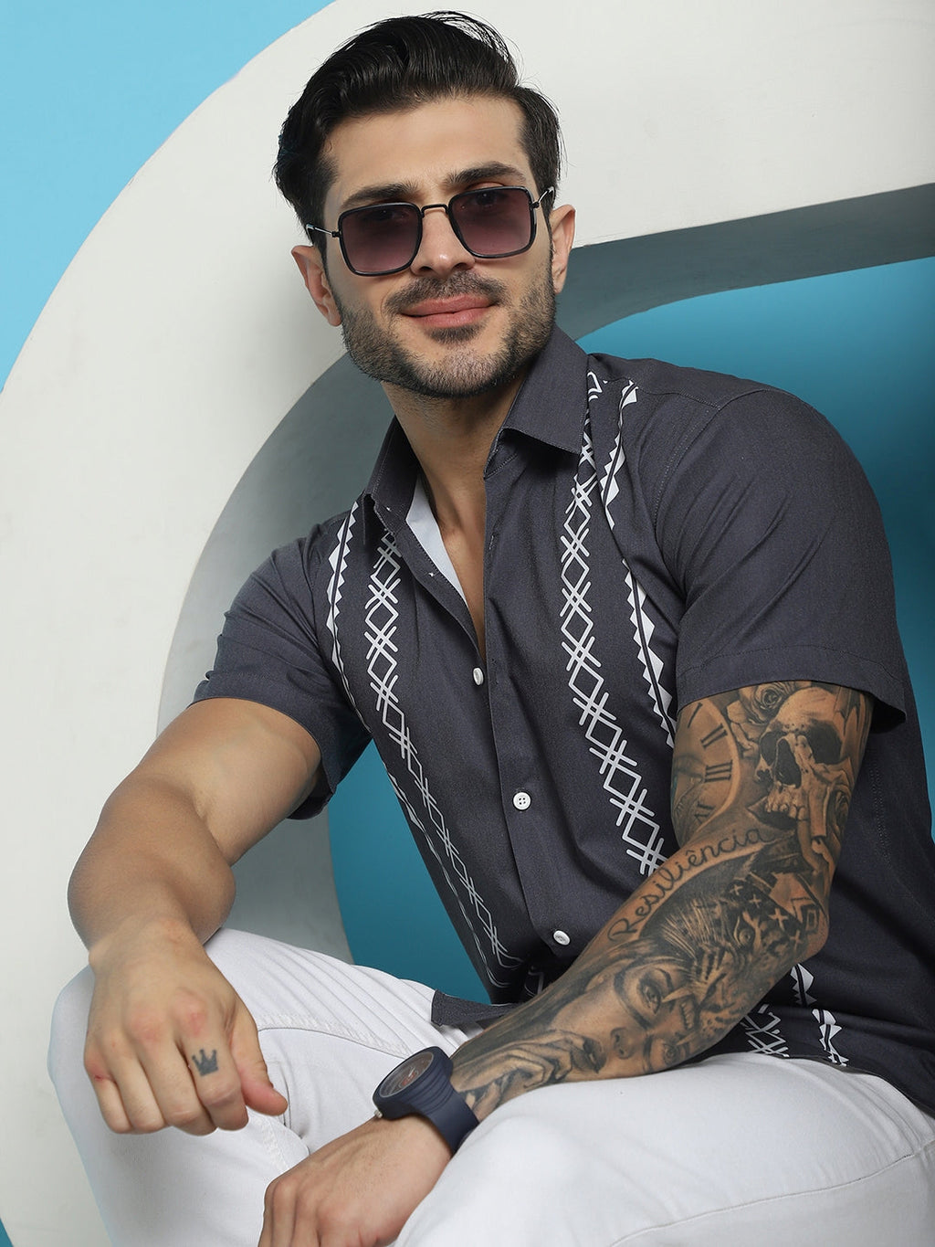 Indian Needle Men's Printed Half Sleeve Lycra Shirt - Charcoal