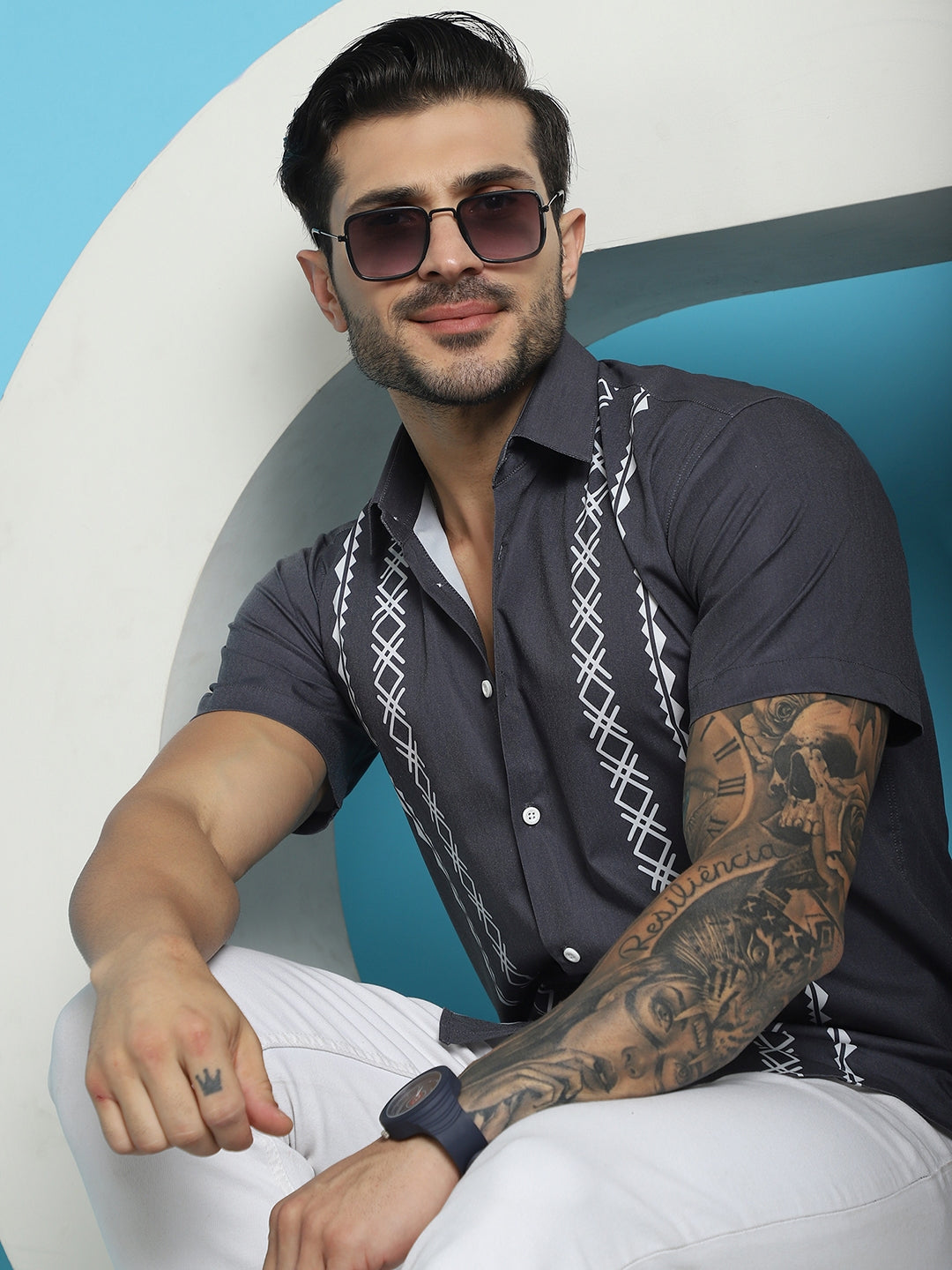 Indian Needle Men's Printed Half Sleeve Lycra Shirt - Charcoal