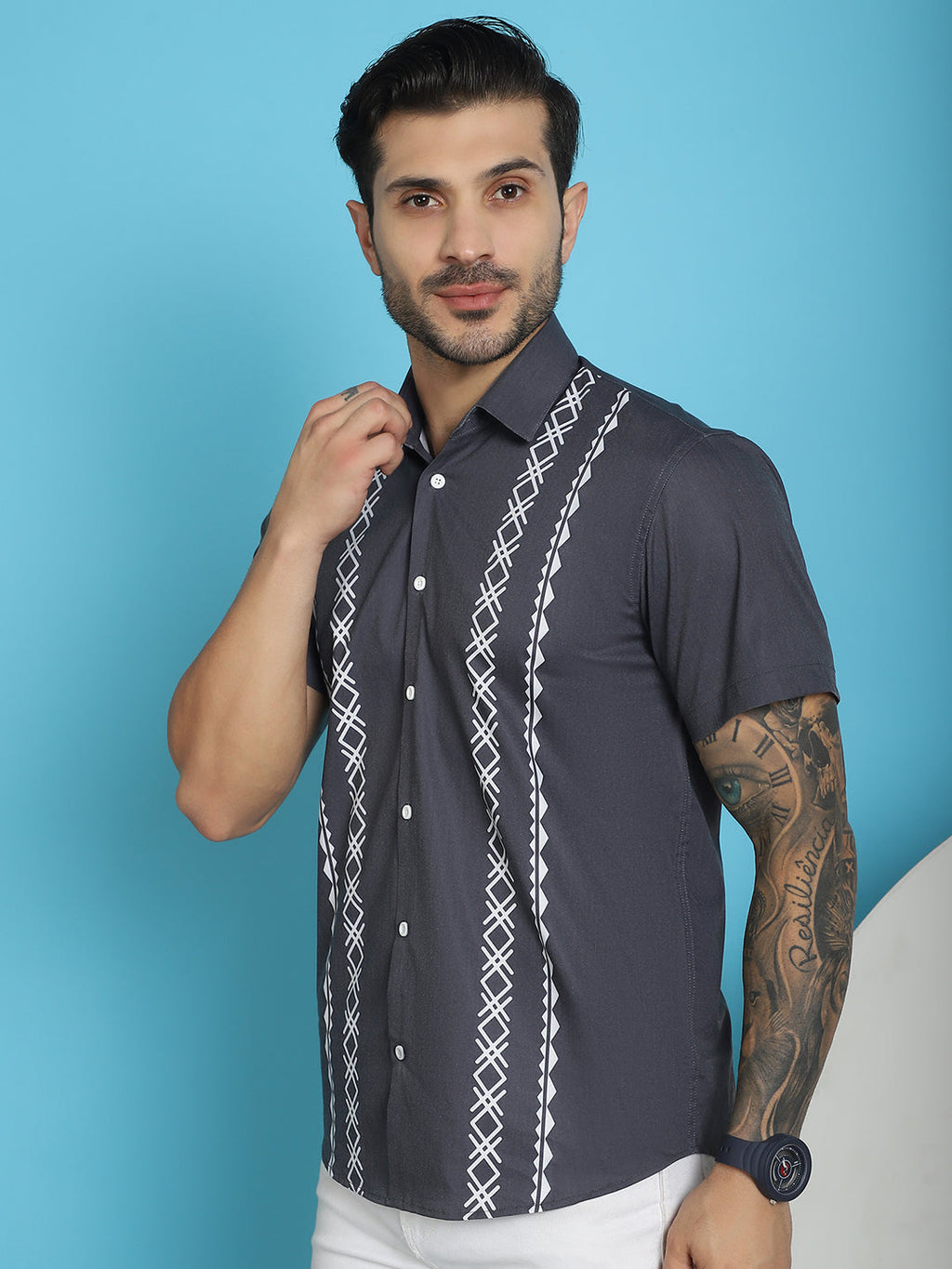 Indian Needle Men's Printed Half Sleeve Lycra Shirt - Charcoal